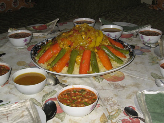 Chicken and Vegetable couscous served with Mustaphas Harissa Hot Sauce