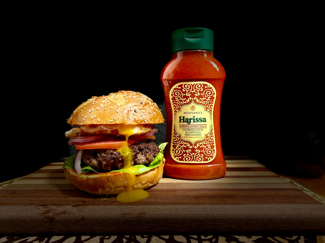 Savor the Luxurious Combination of Hamburger and Egg with Harissa(Hot Sauce, Mustaphas Harissa, North African paste, hamburger)