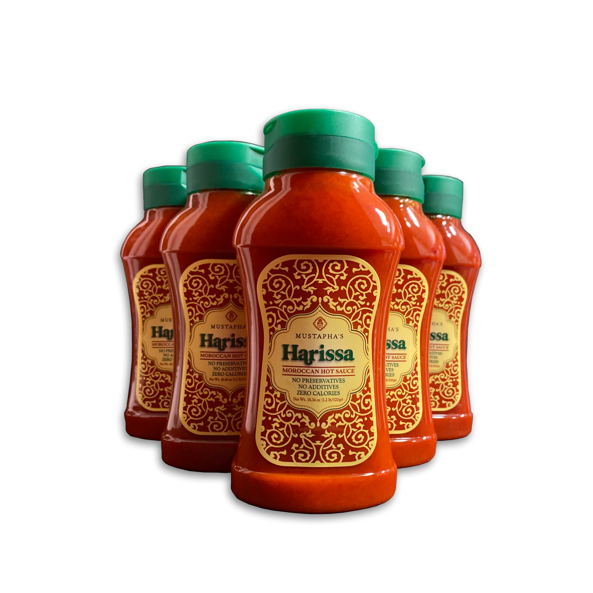 Photo of Mustaphas Harissa Hot Sauce front label ,showing  No preservatives, No additives, No binders, No fillers, No GMO's, No gluten, Sugars, Vegan, Paleo,Keto (six-pack large bottle eighteen ounces point thirty four