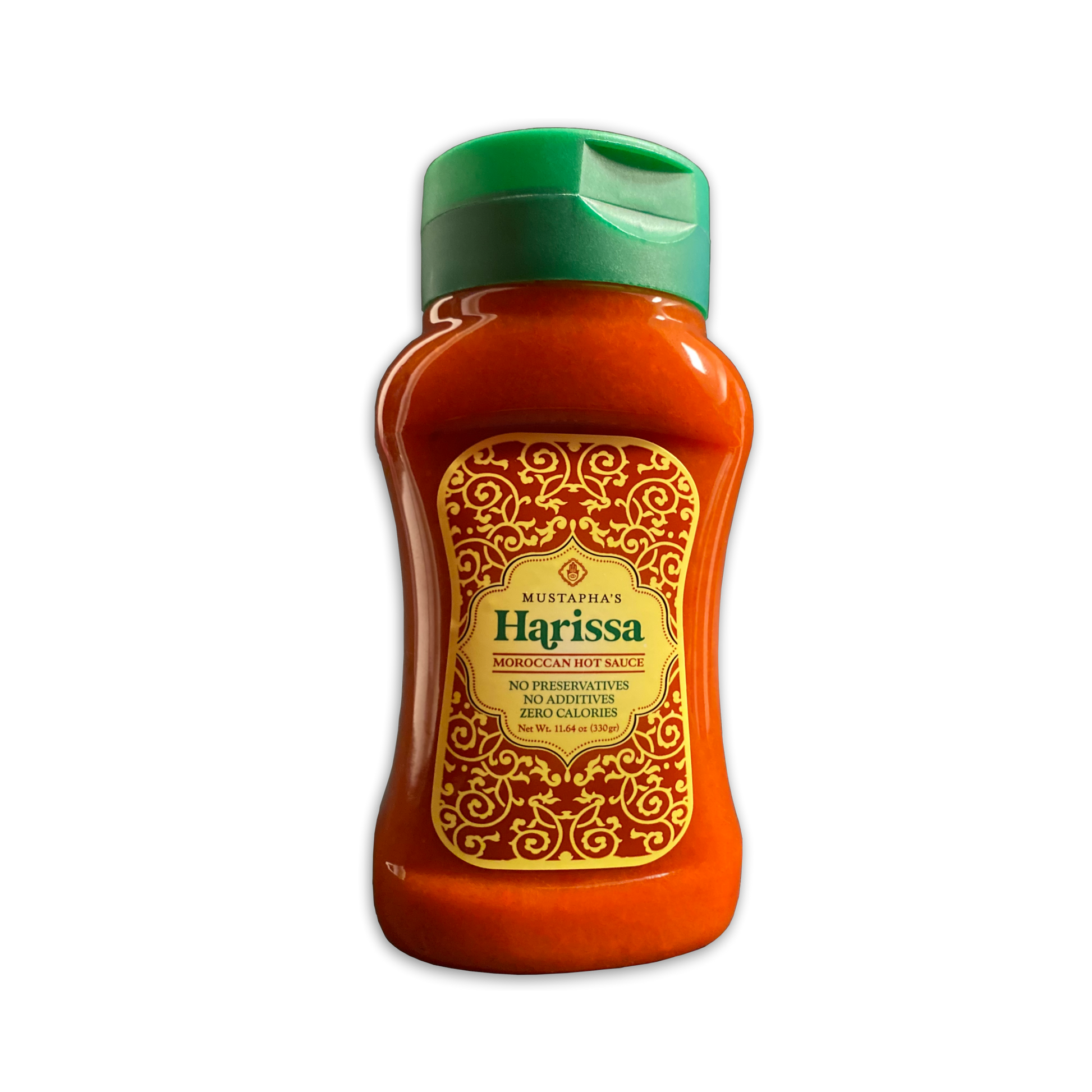 Photo of Mustaphas Harissa Hot Sauce front label, emphasizing No preservatives, No additives, No binders, No fillers, No GMO's, No gluten, Sugars, Vegan, Paleo, Keto (small bottle eleven ounces point sixty four)