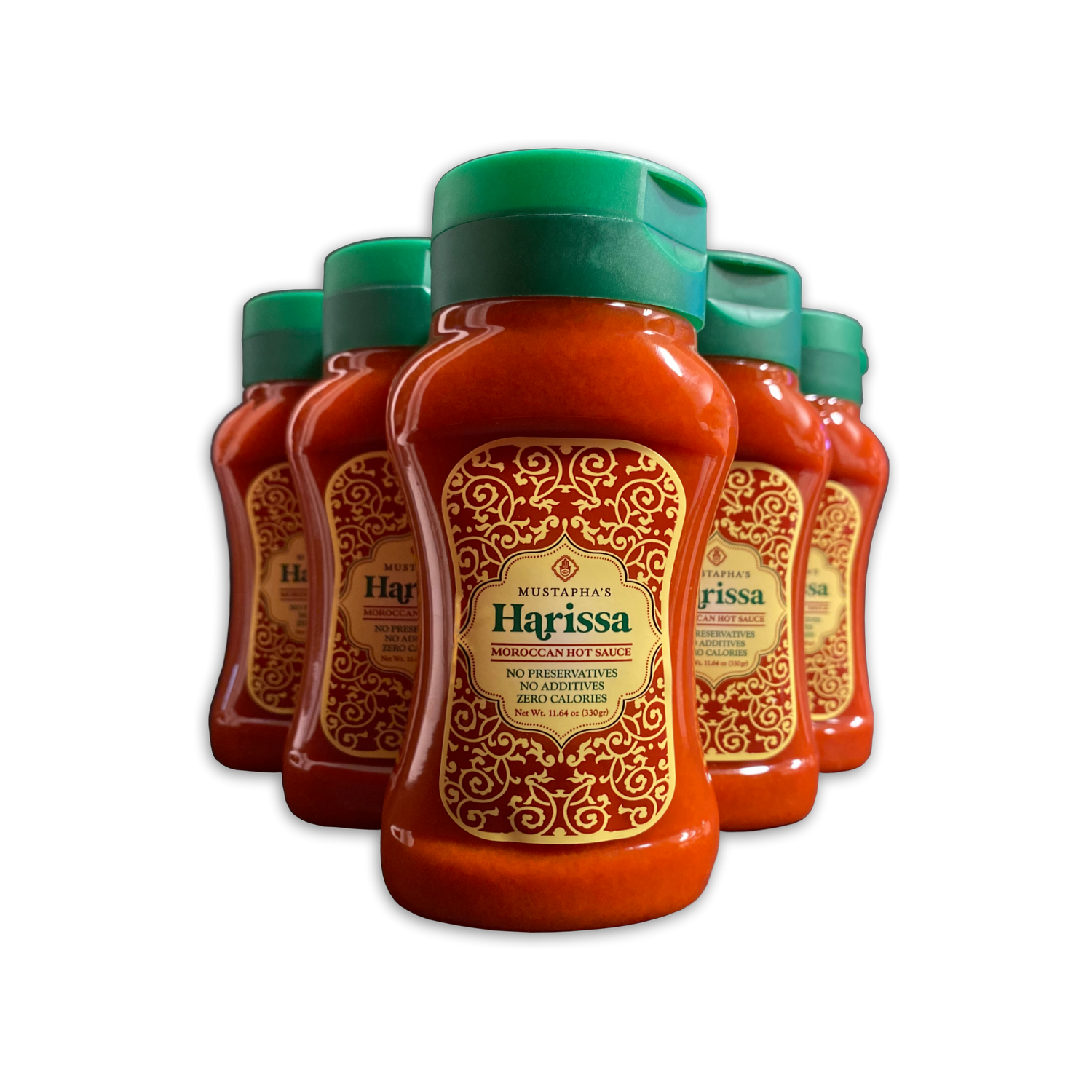 Photo of Mustaphas Harissa Hot Sauce six pack. No preservatives, No additives, No binders, No fillers, No GMO's, No gluten, Sugars, Vegan, Paleo, Keto (six-pack small bottles eleven ounces point sixty four)