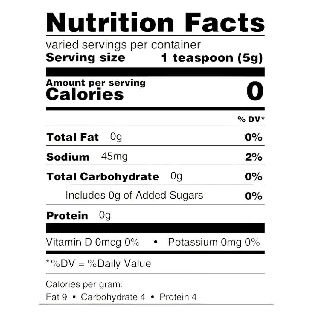 Photo of the nutritional facts of Mustaphas Harissa Hot sauce showing zero calories, low sodium levels and zero carbohydrates.